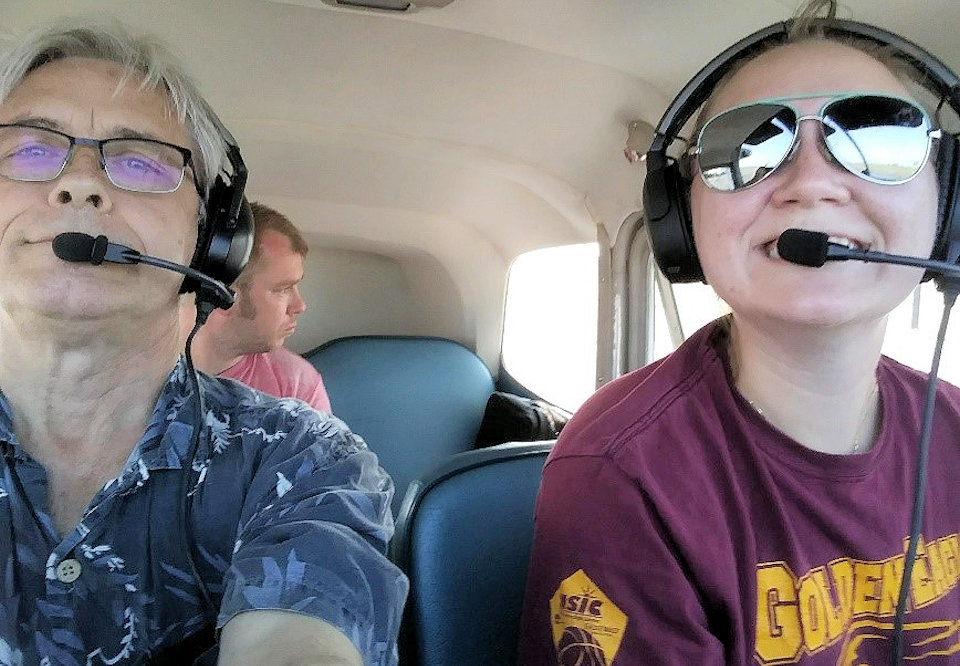 In the cockpit of the small plane