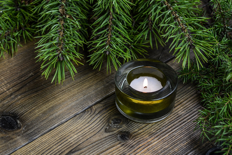 Small candle with pine boughs