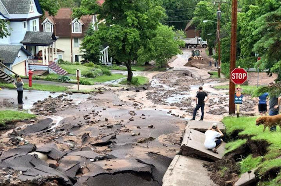 Streets destroyed by flood in Houghton, MI