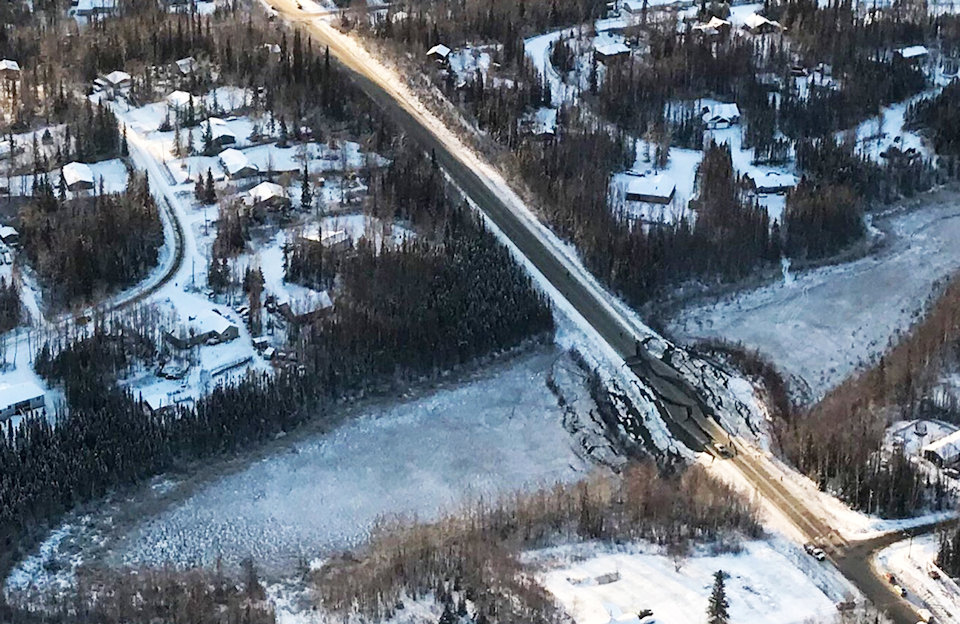 Aerial view of road damaged in Alaska earthquake Nov. 2018