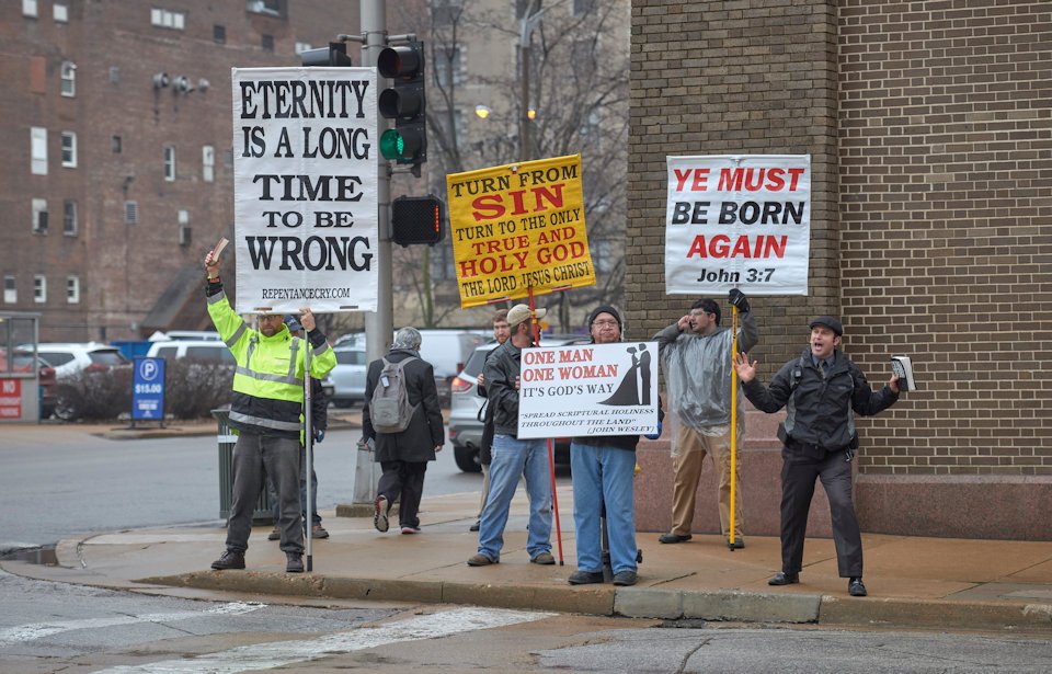 Activists outside the conventional center in St. Louis.