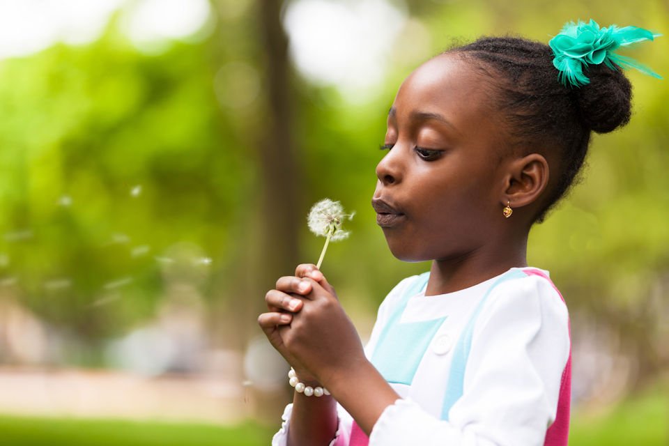 Girl blowing a dandelion head