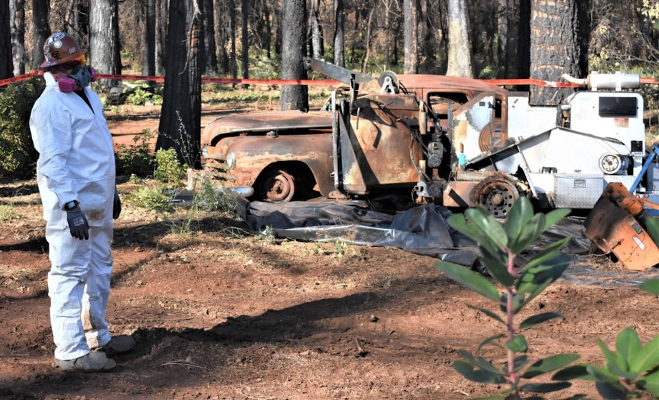 Surveying damage done by wildfire.