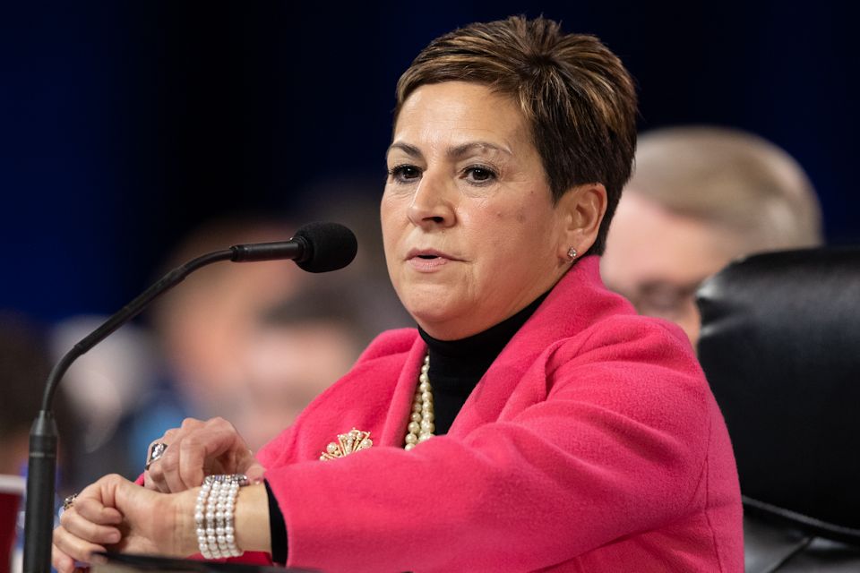 Cynthia Fierro Harvey presiding at 2019 General Conference.