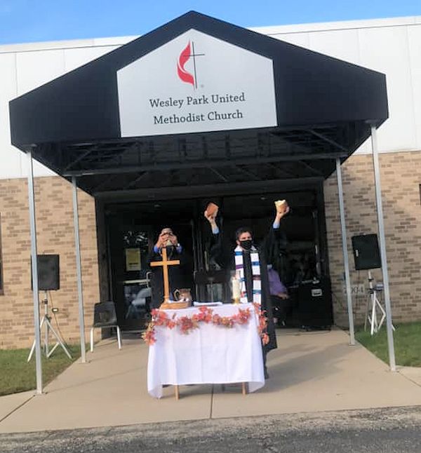 Outdoor communion at the church