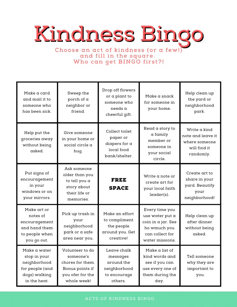 summer of kindness bingo sheet