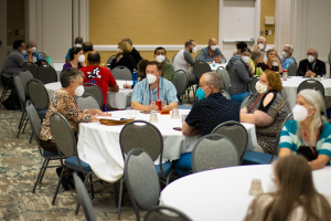 Small groups meet to discuss resilience and caring for ourselves following the teaching session by Rev. Dr. Ron Bell.