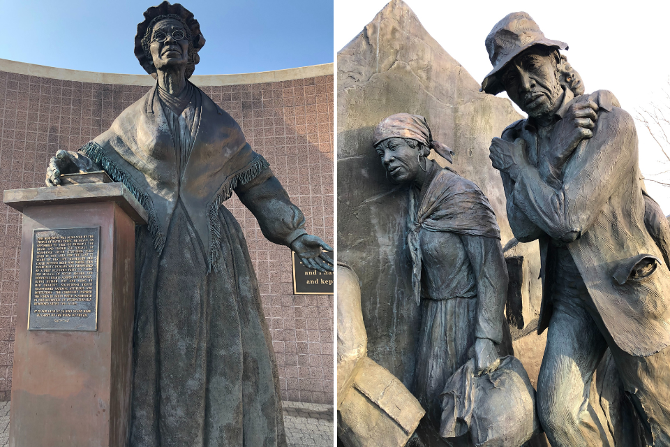 Statues of Sojourner Truth and a memorial to the Underground Railroad
