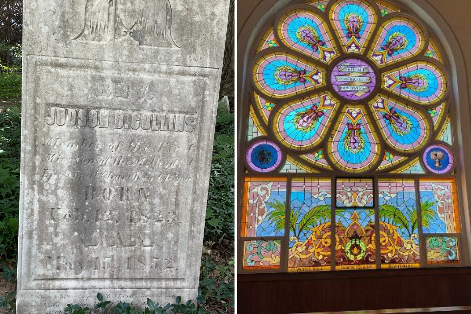 Gravesite and church window honoring Judson Collins