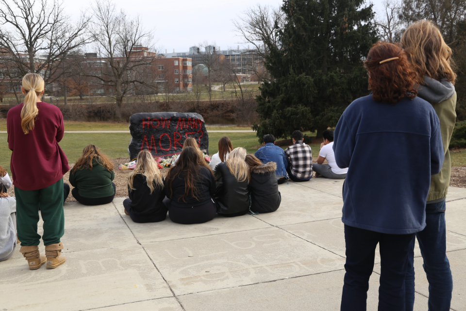 MSU students gathering at The Rock