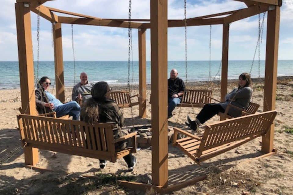 Sitting in a circle on a beach