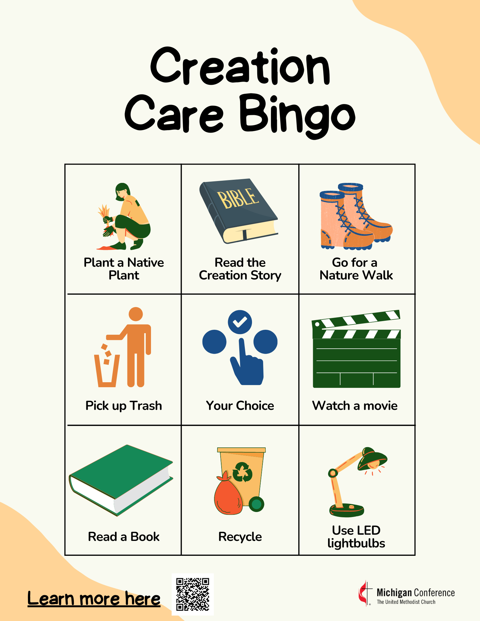 creation care bingo with 9 images of different ideas for earth day