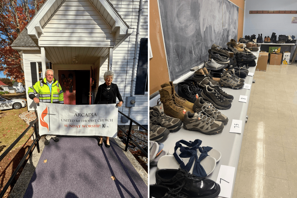 Church members and shoe donations