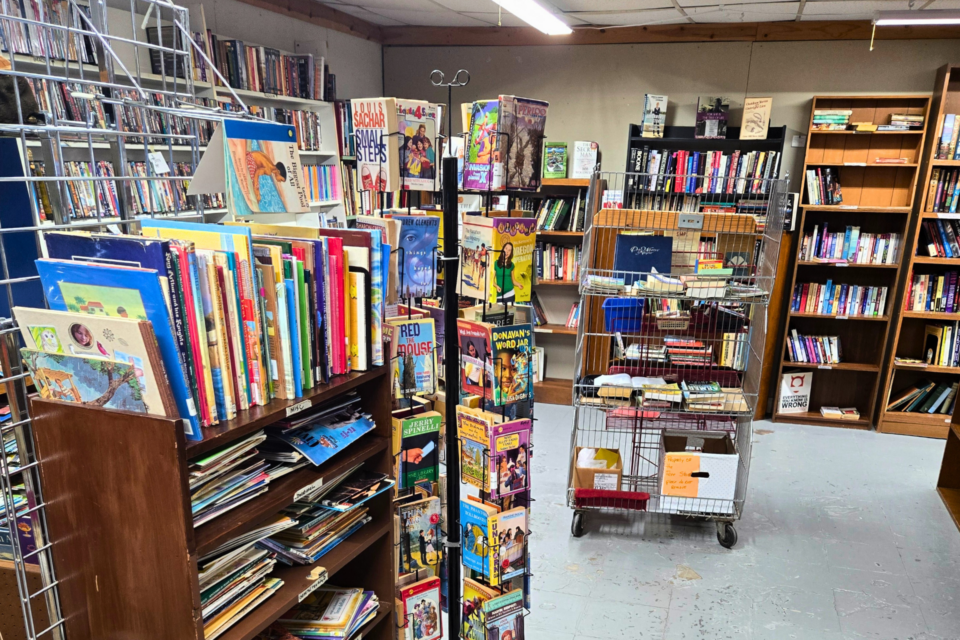 Shelves with books and media