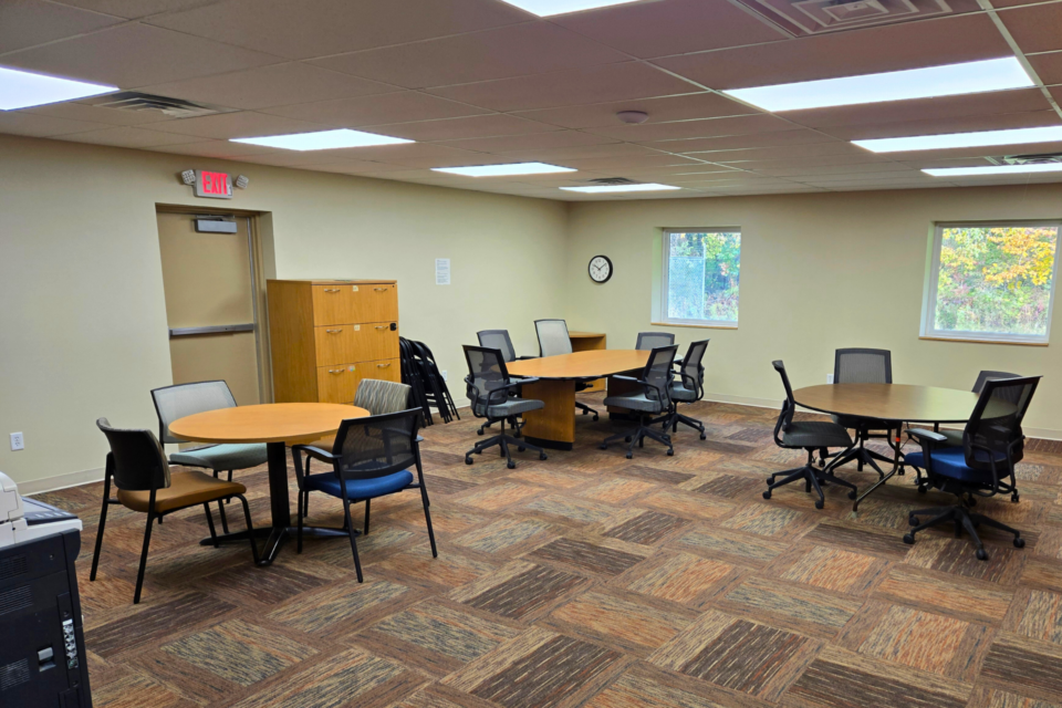 Meeting space with tables and chairs