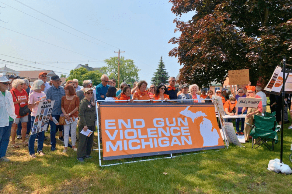 Gun violence prevention march with people holding signs