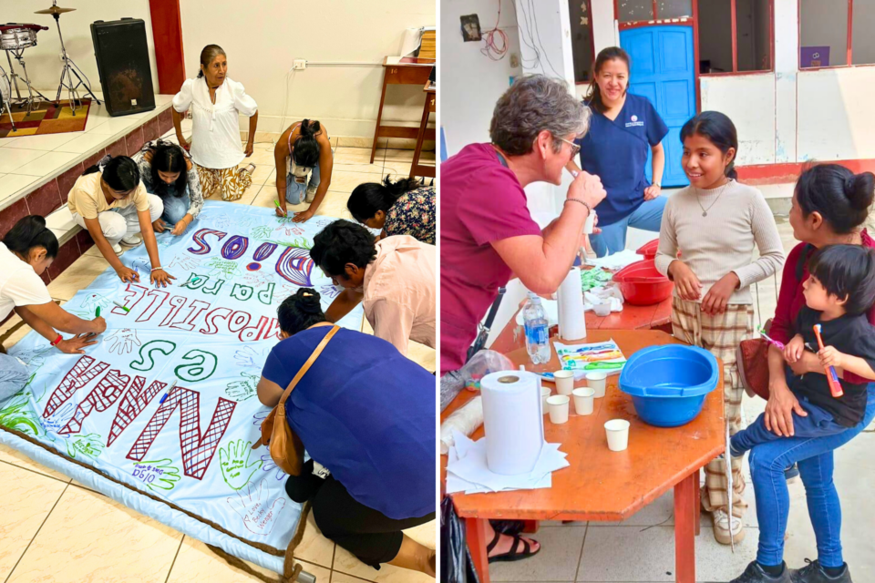 Creating a banner (left) and helping children learn how to brush their teeth (right) 