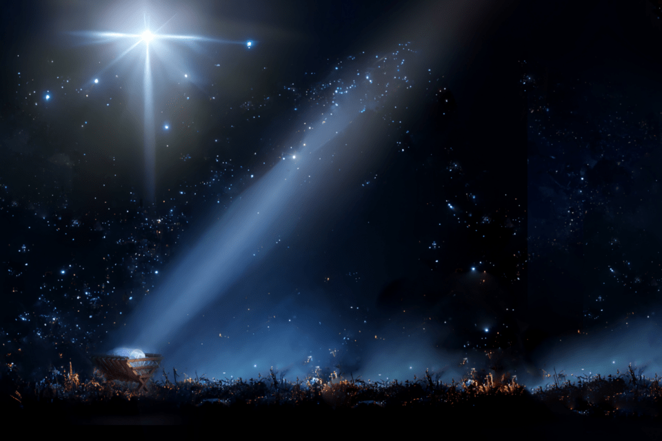 Star of Bethlehem shining on manger