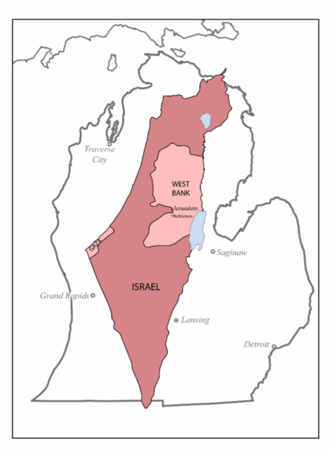 Map of Israel over top a map of Michigan, showing size