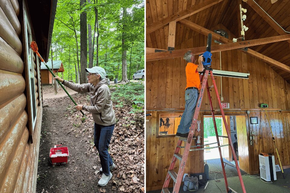Volunteers doing maintenance on camp buildings