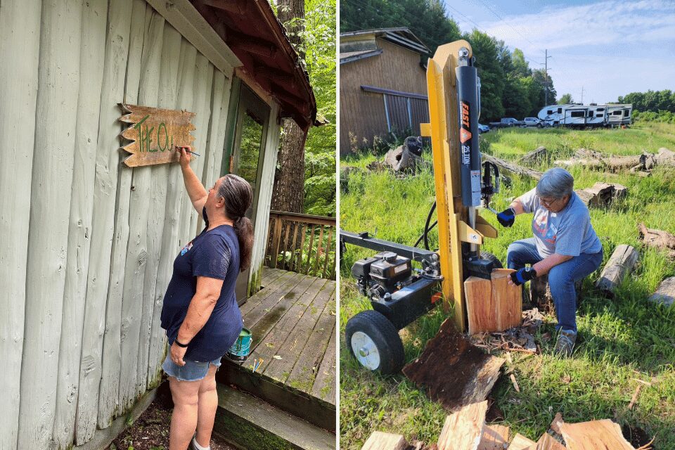 Volunteers doing maintenance at a camp