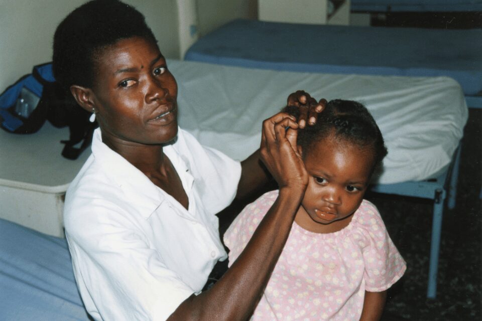Woman and child at a hospital