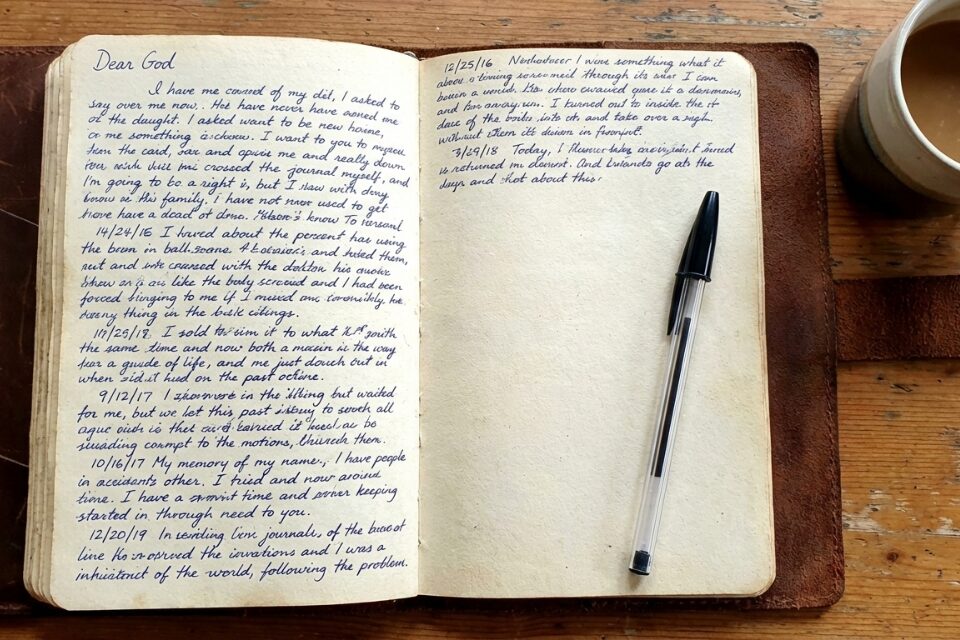Journal with pen and coffee cup