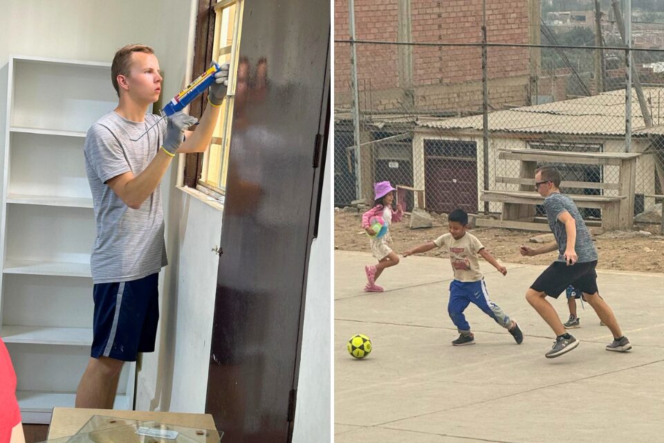 Fixing a window and then playing soccer with children