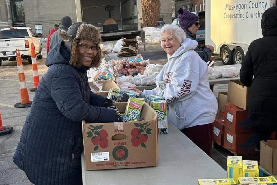 Church members at a food distribution