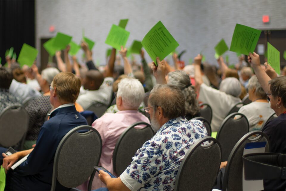 People voting at a conference