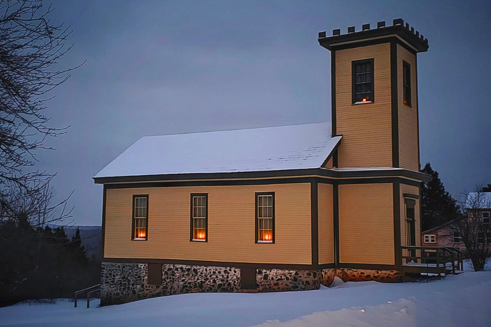 Church lit up during Christmas