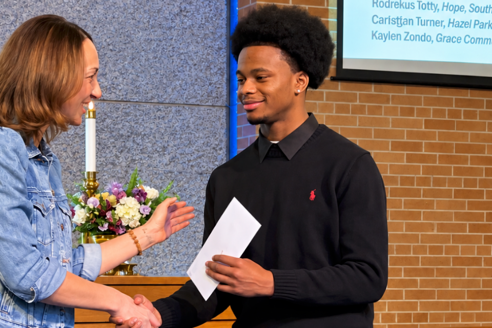 Young man receiving a scholarship